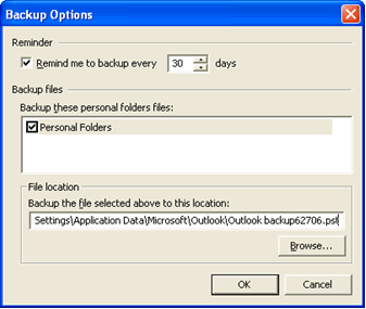 Outlook Backup Options Dialog Box